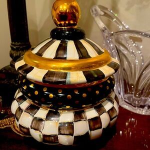 Mackenzie Childs Black and White Patterned Jar with Gold Details